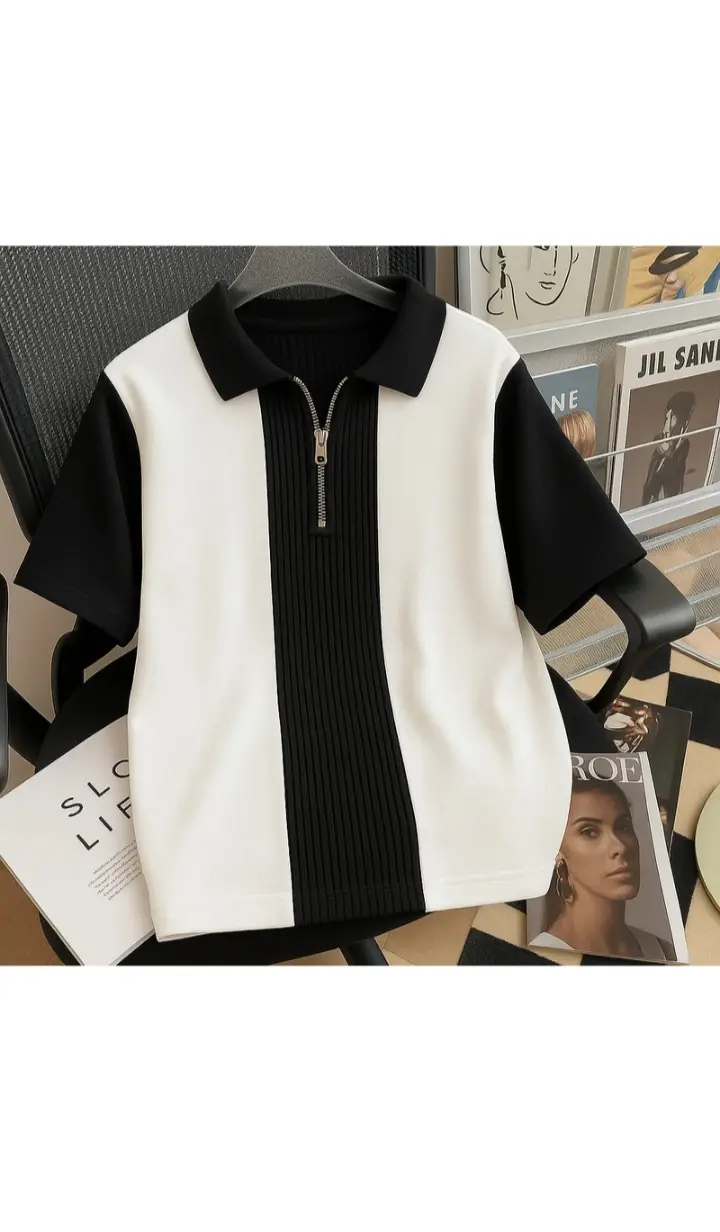 Men Self Design Zip Neck Cotton Blend Black&White T-shirt's  (Small, Black&white)